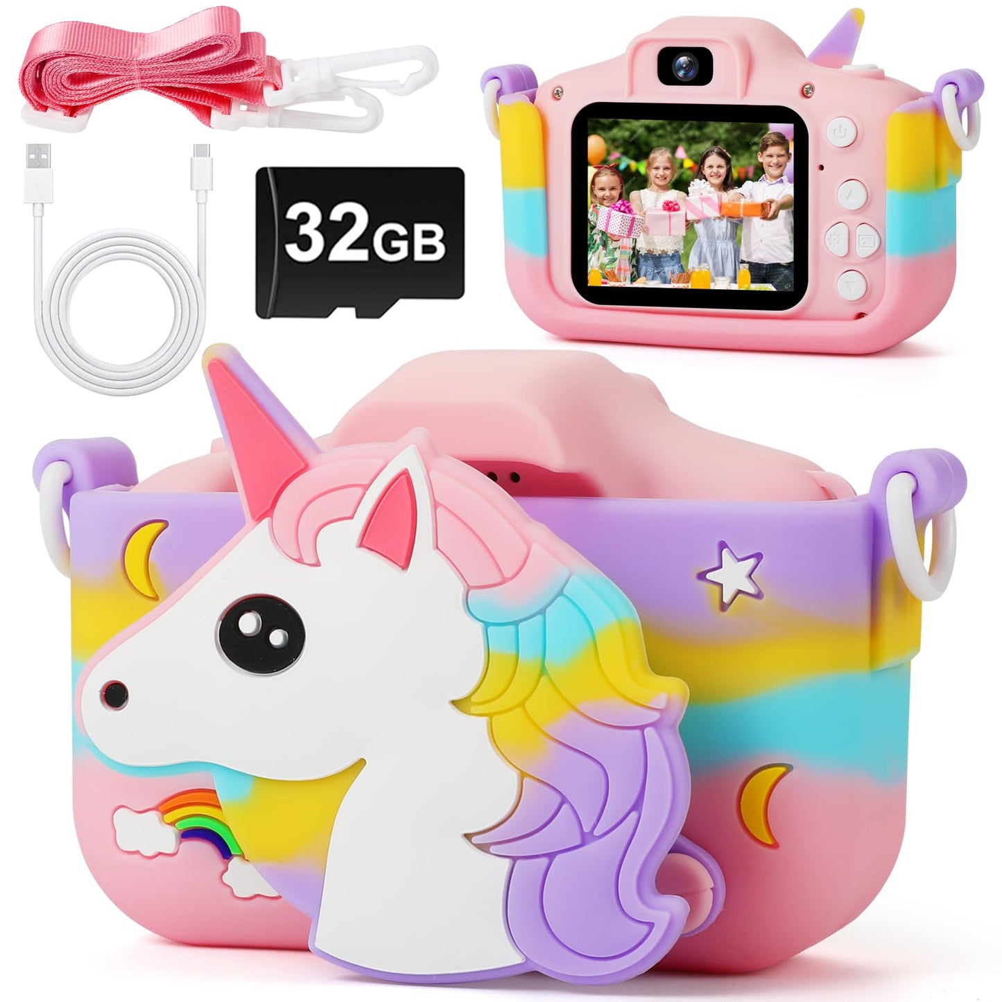 Kids Camera - Girls Gifts/1080P Kids Digital Camera+32GB TF Card, Anti-Drop Camera Case/HD Video/38 Picture Frames and Filters/8x Zoom/5 Learning Games, Gifts for Boys Girls 3-9 Years
