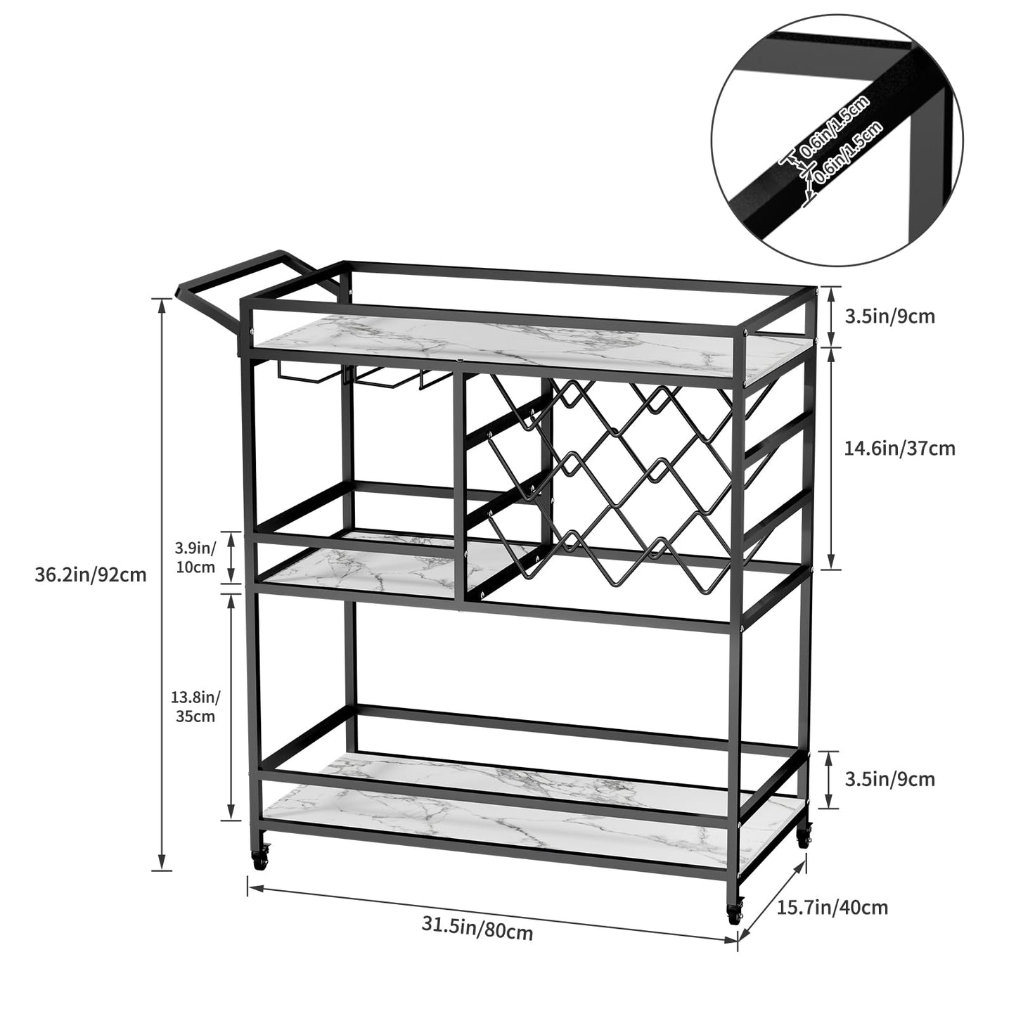 DAWNYIELD 3-tier mobile wine cart, bar serving cart on wheels with wine and glass shelves, modern rolling wine storage cart for kitchen home parties (Black)