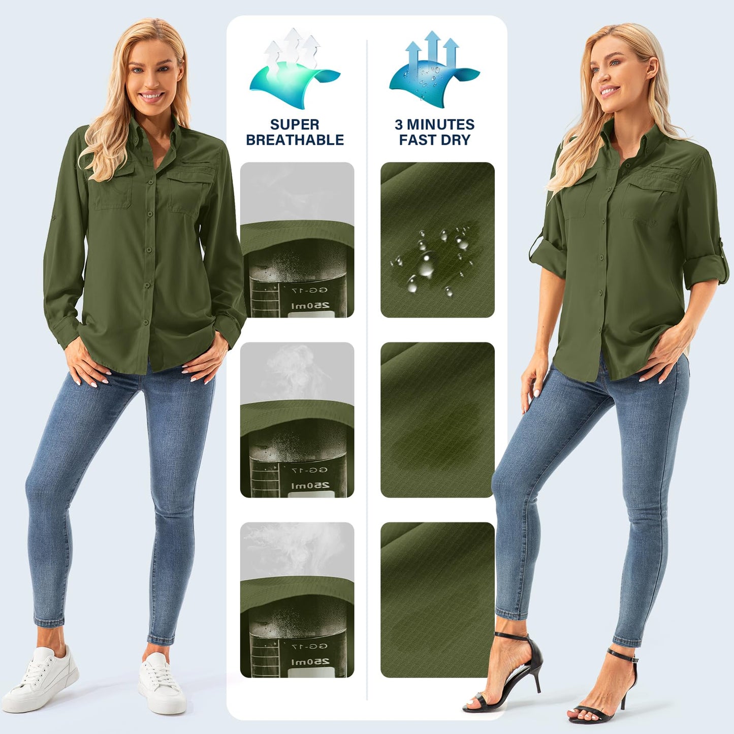 Asphyxiated ladies button-down UV shirt UPF 50+ safari clothing hiking blouse women outdoor cooling quick dry sun protection long sleeve airy shirt(5072 Army Green M)
