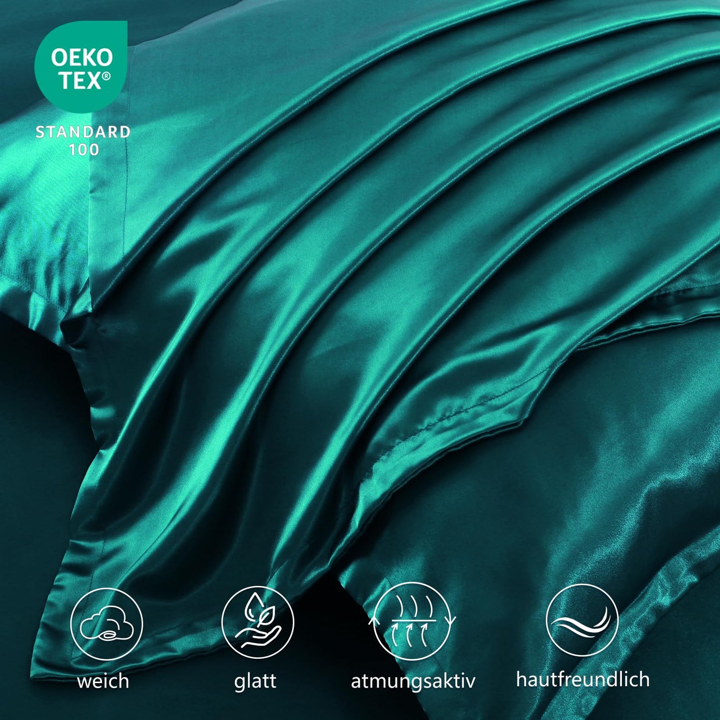 RUIKASI Satin Bedding 200x200 Green - Luxury duvet cover with a silk-like sheen. Dark green bedding set for hair and skin, shiny 200x200cm duvet cover with zipper and 80x80cm pillowcase.