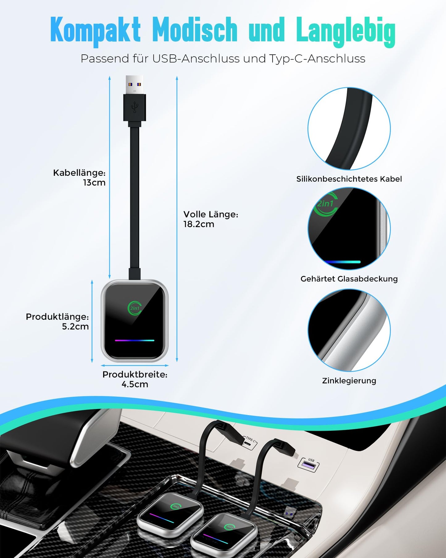 Android Auto & Carplay Wireless Adapter: 2 IN 1 Mini Wireless Adapter for converting Wired Android Auto/Carplay to wireless, USB/Type C Plug and Play, Stable Automatic Connection