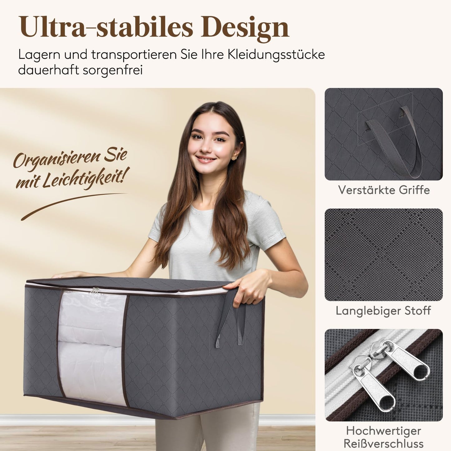 Lifewit 10 Pack Storage Bags, Storage Box with Lid, Closet Organizer Foldable Clothes Storage Moving Boxes with Reinforced Handle for Comforters Clothes Blanket, Gray