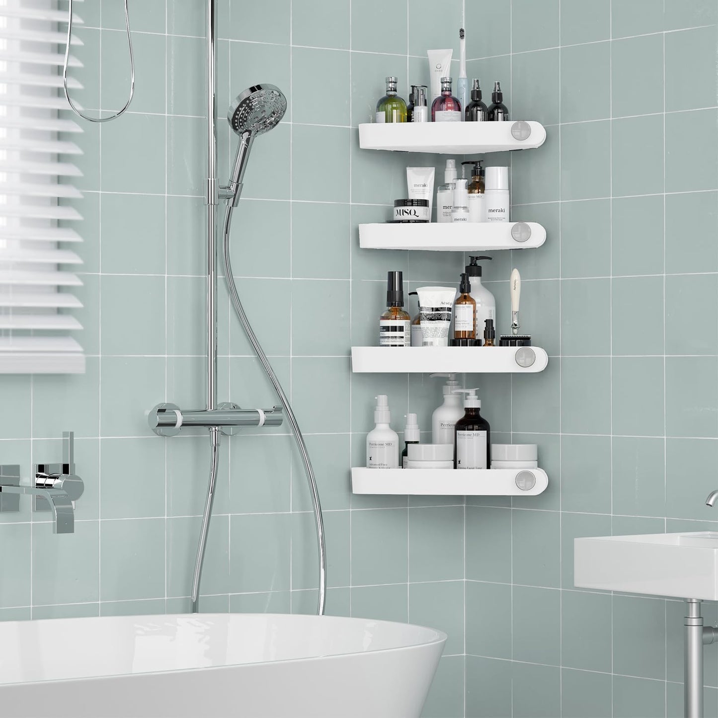 Sotfamily shower caddy without drilling corner, 4 piece shower shelf bathroom shelf without drilling with adhesive pad, rustproof plastic shampoo holder for shower for bathroom, white