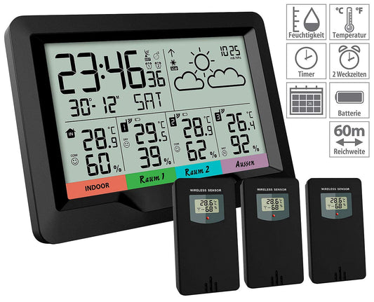 infactory Weather Station 3 Sensors: Wireless weather station; 3 wireless sensors; indoor/outdoor; XL display; Alarm clock (wireless thermometer with 3 sensors, wireless weather station with 3 sensors, digital wall clock)