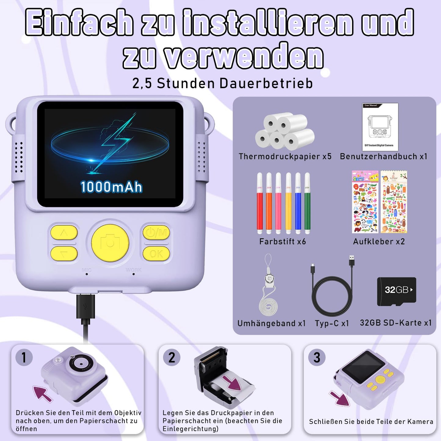 MILFECH Kids Camera Instant Camera, 1080P 2.4 Inch Screen Digital Camera for Kids with 5 Rolls Print Paper, 32GB Card, Photo Camera with 6 Colored Pens, 2 Sticker Gifts for Kids (Purple)
