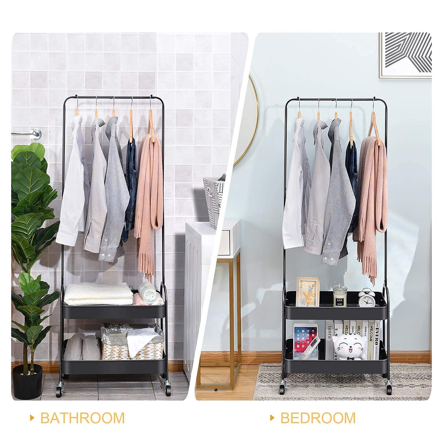 Kingrack clothes rail, metal coat rack, clothes rail with wheels, bedroom clothes stand, freestanding shelf cart with 2-tier storage shelf, heavy duty trolley multipurpose cart in black.
