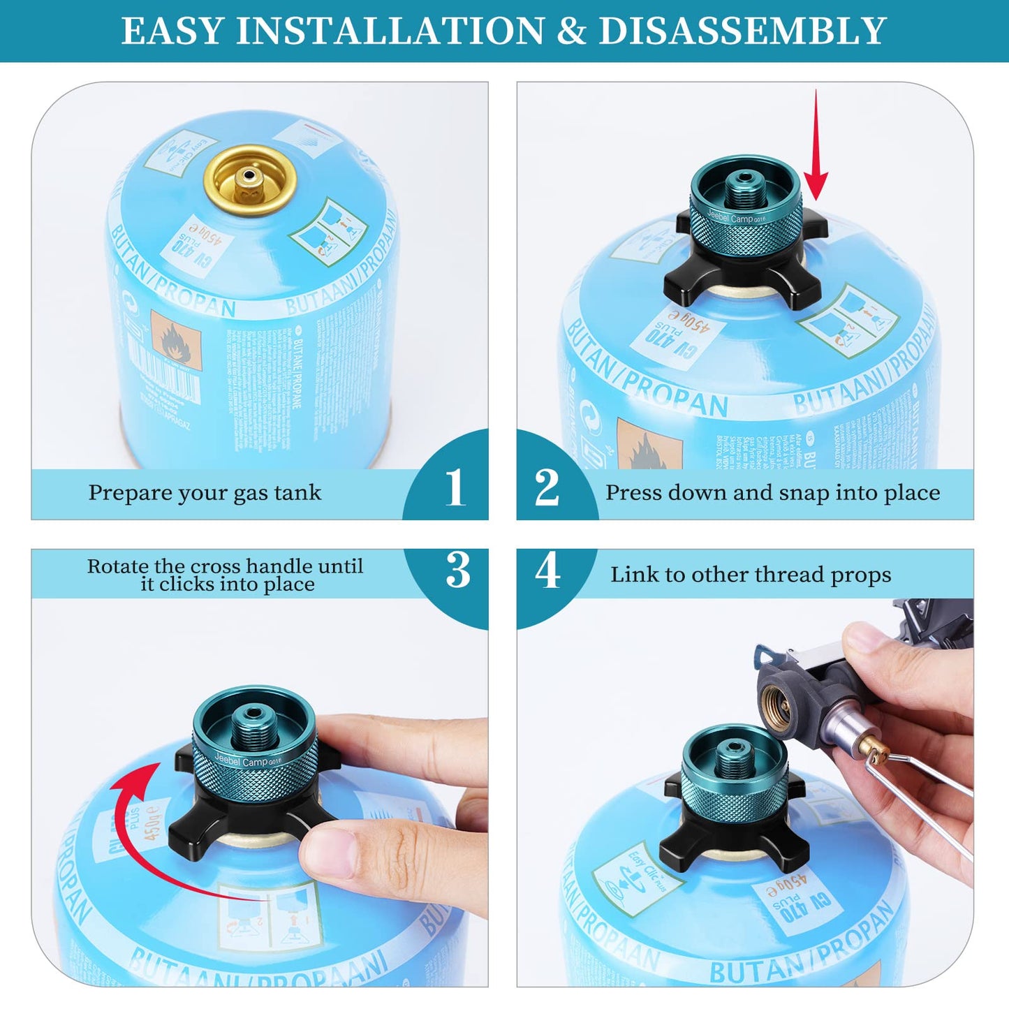 Jeebel Camp Valve Cartridge Adapter for Campingaz Easy-Click/CV gas cartridges. Transition from bayonet fitting to 7/16" screw thread connection.
