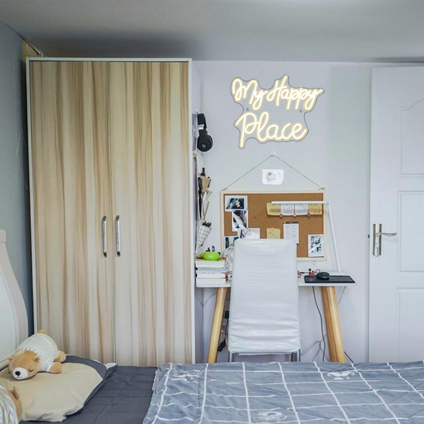 My happy place neon sign. Warm white neon sign for wall decor. Neon light script with USB powered for bedroom, playroom, bar, party, birthday.