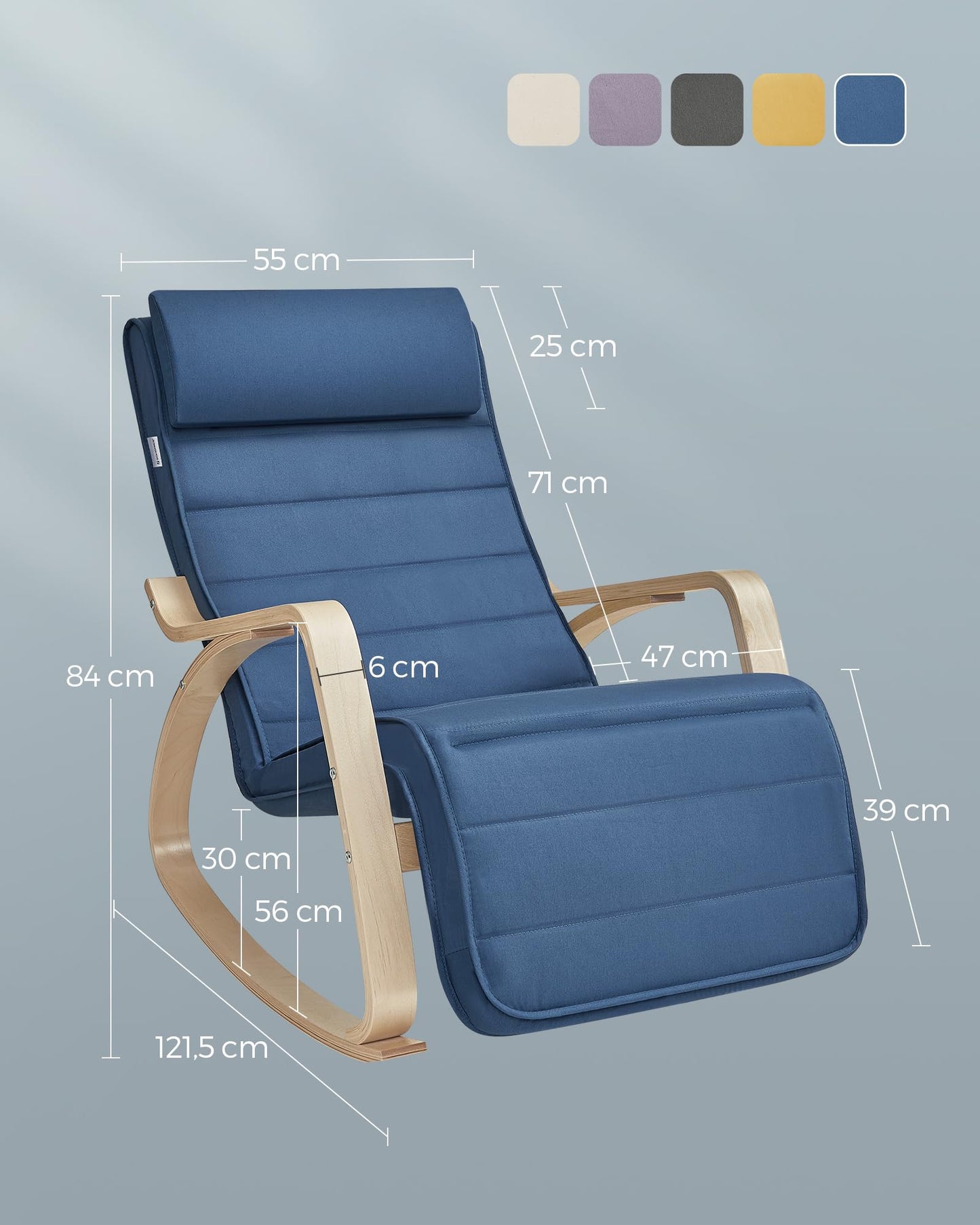 SONGMICS rocking chair with birch armrests, rocking armchair, 5-position adjustable footrest, up to 150 kg load capacity, for bedroom, living room, midnight blue-natural LYY010Q01