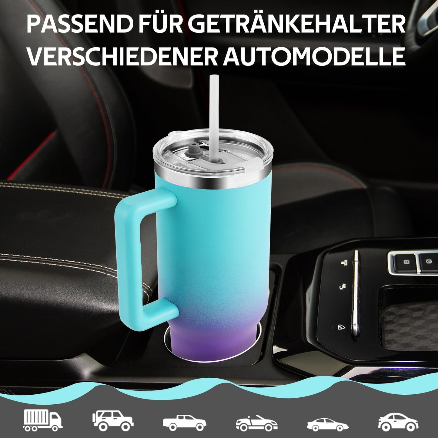 PRAOAHEI 40oz/1180 ML thermos cup with straw and handle, coffee mug to go, leak-proof drinking cup with lid, double-walled stainless steel cold hot vacuum cup, thermo blue purple.