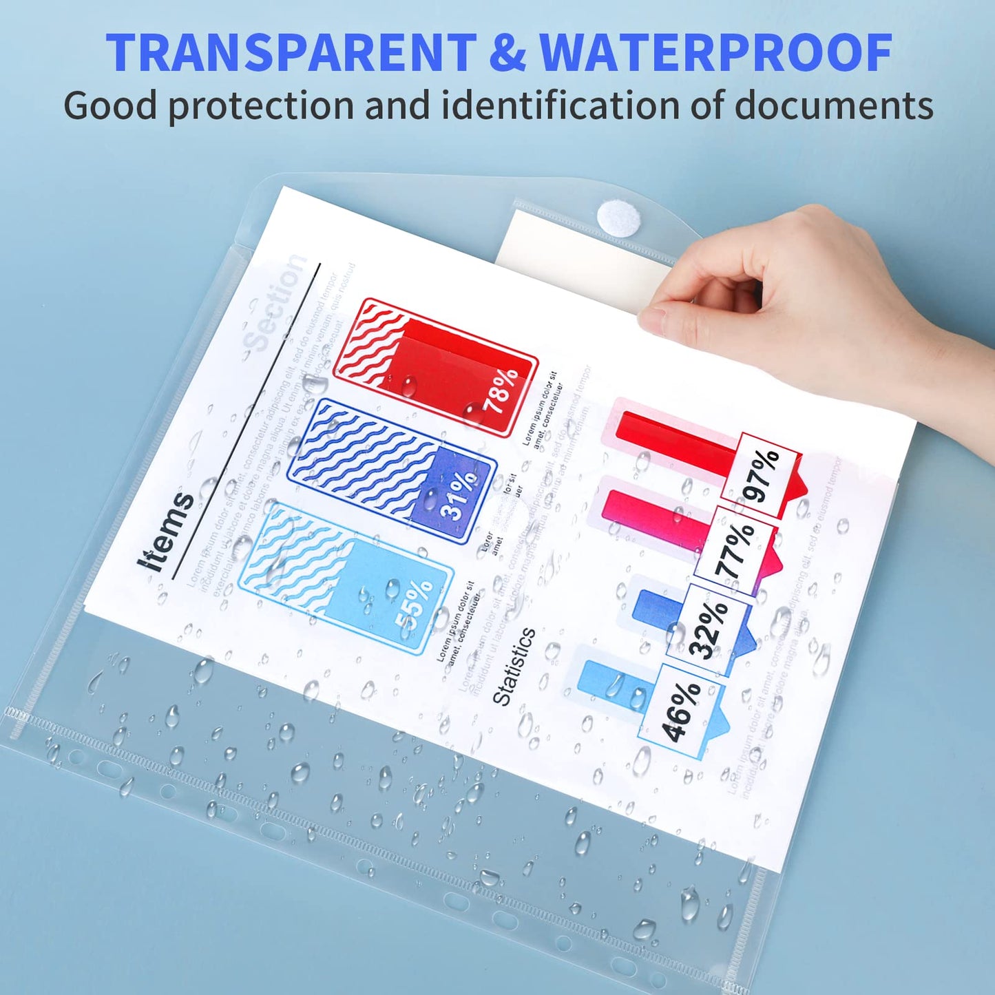 A4 document folder 42 pieces, A4 document bag for filing, Transparent folders with 11 hole border & Velcro closure, Waterproof collecting folders for organizing documents.