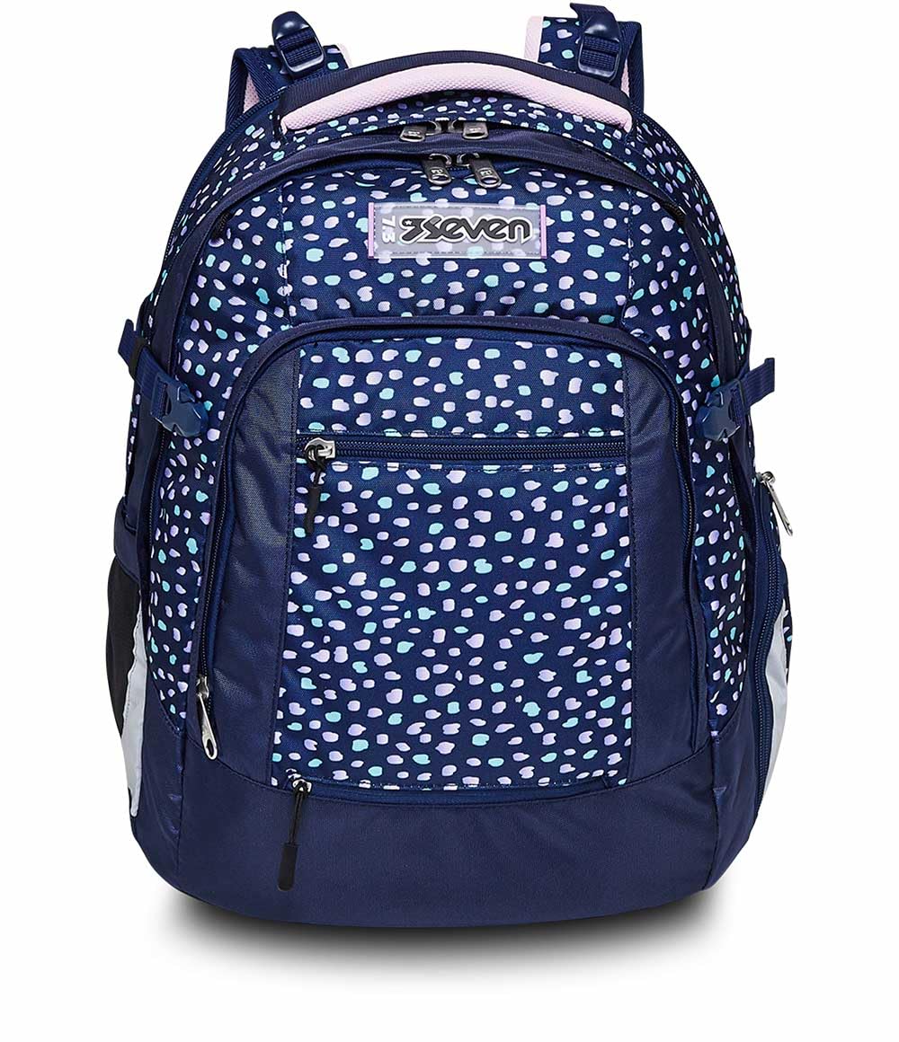 Seven school backpack: ergonomic & expandable, with multiple compartments, school bag for girls & boys; sustainable fabric, with height adjustment system, perfect for high school & school, UPDOWN TWICE CHARMING PATCH