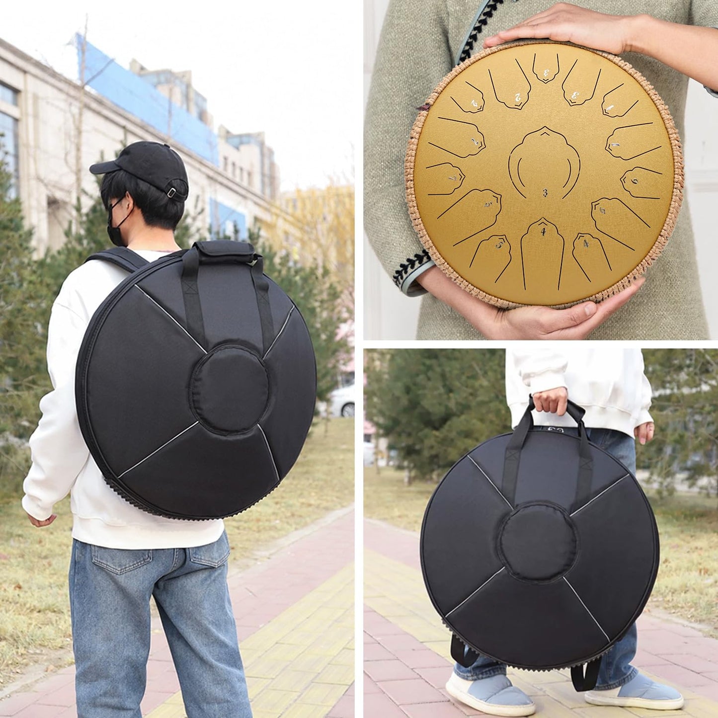 AMKOSKR Steel Tongue Drum, 14 inch 35 cm Steel Tongue Drum, C major 15 notes, Hand Drum HandPan Drum with Drumsticks/Carrying Bag (Gold)