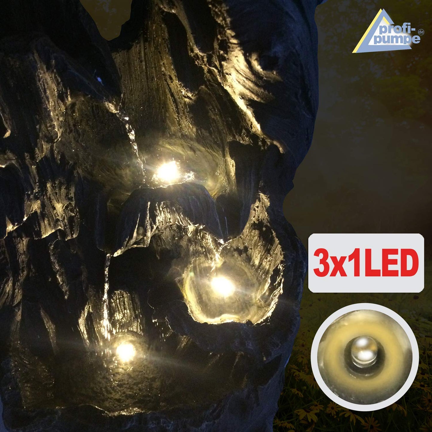 Garden fountain with LED light, decorative for garden, pond, terrace, balcony.