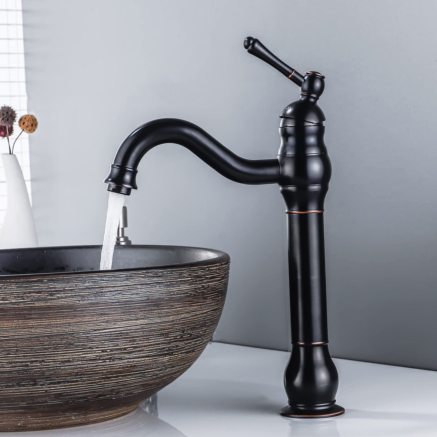 FWZZQ Black Retro Bathroom Faucet, Basin Faucet High 360° Swivel, Single Handle Sink Faucets, Nostalgic Brass Bathroom Mixer Tap for Bathroom
