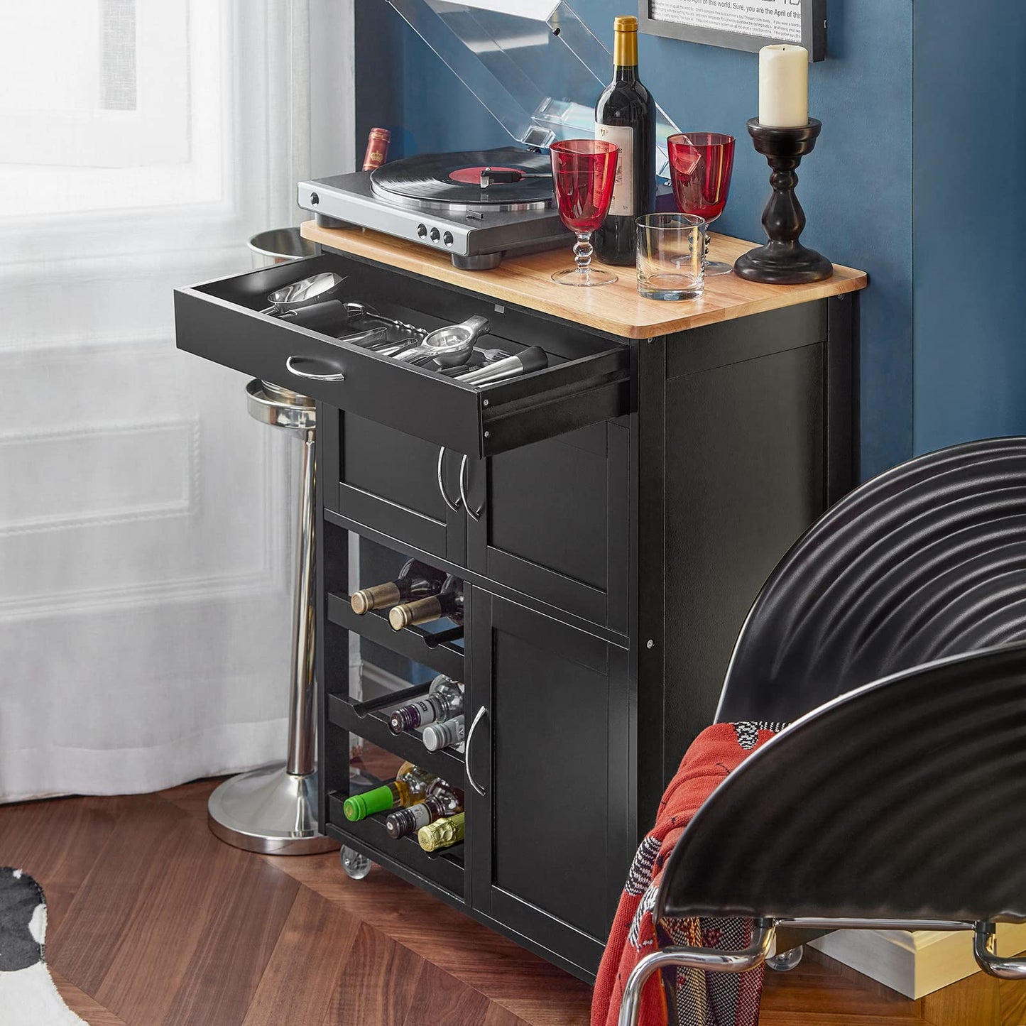 SoBuy kitchen trolley with wheels, kitchen cart with worktop, rolling cart with drawers, wine rack, kitchen island, standing kitchen shelf furniture for kitchen, dining room, and outdoor. Black 67x86x38cm FKW45-SCH.