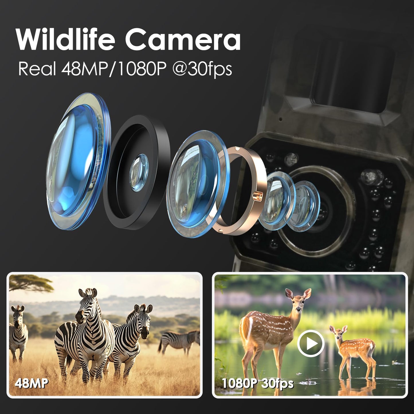 MAXDONE wildlife camera with motion sensor night vision Bluetooth - WiFi with mobile transfer app Rechargeable 2000mAh battery, low glow 48MP screenless night vision device 0.1s hunting camera