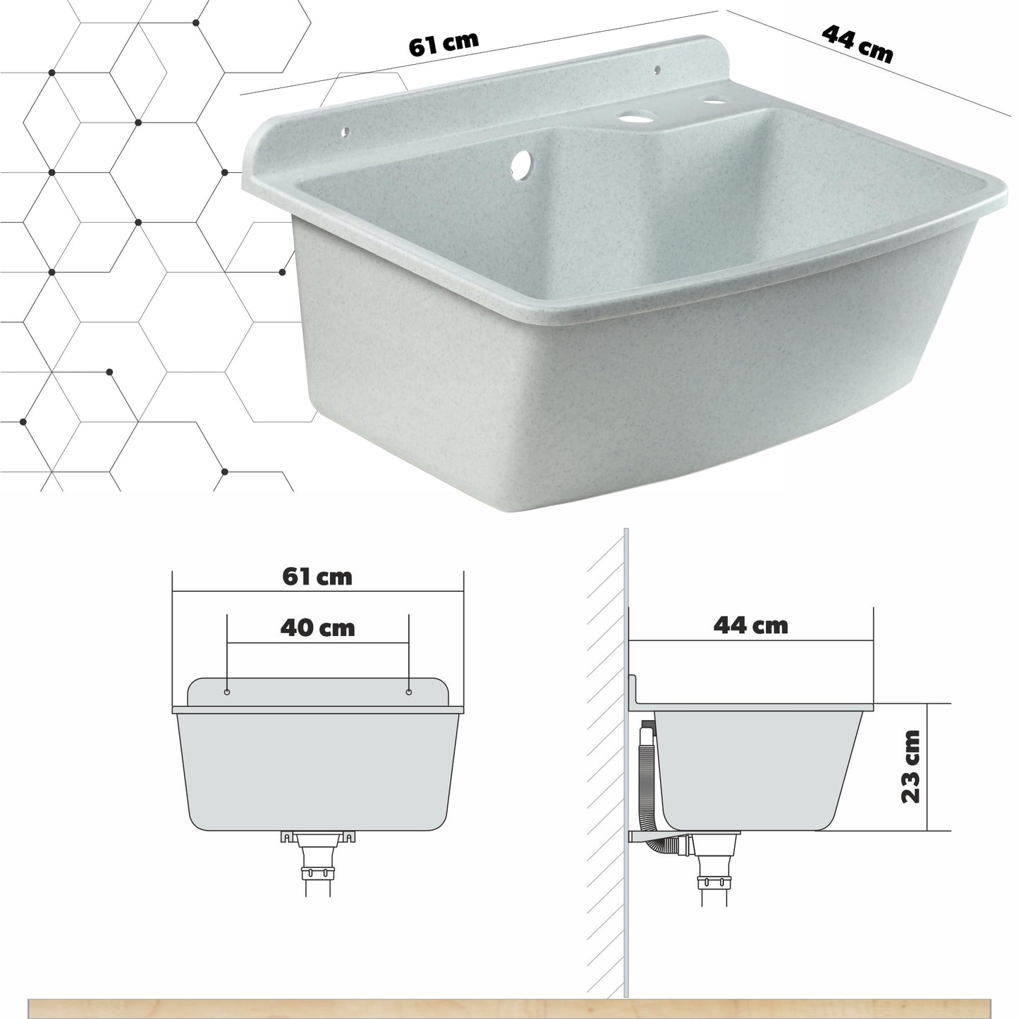 GOSPO Sink basin with pull-out faucet, washbasin 61 x 44 x 23.5 cm, utility sink with soap dispenser, siphon, sink including accessories, utility room, industrial washbasin (white)