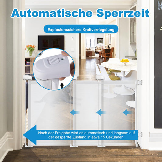 Stair gate for babies, retractable, 0-140 cm, 83 cm high baby safety gate, one-handed operation, suitable for stairs/doors, indoor & outdoor, door guard (140cm/white)