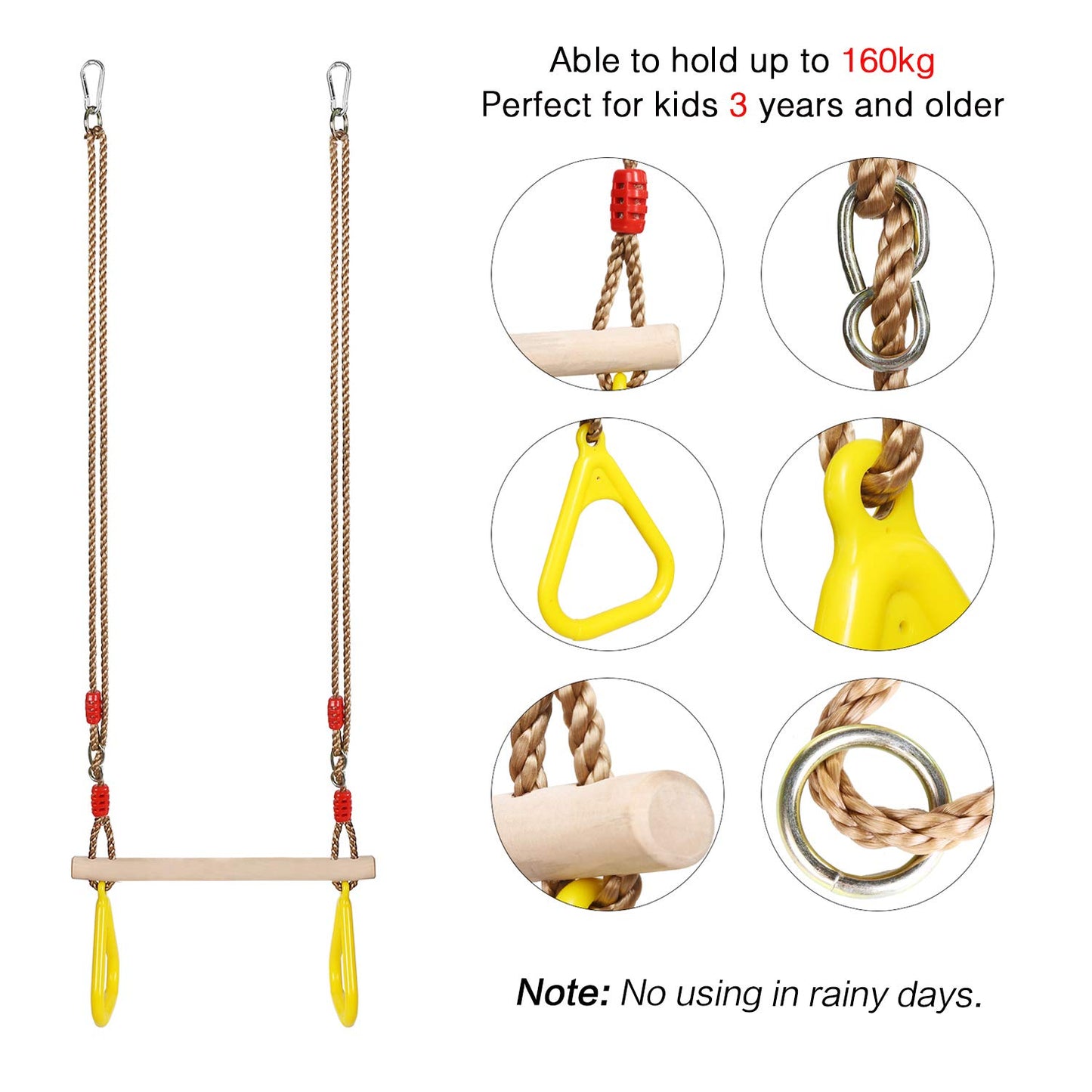 PELLOR Multifunctional Kids Wooden Trapeze Swing with Plastic Rings (Yellow)