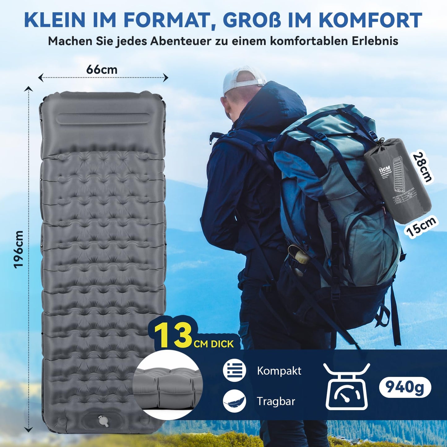 HIKENTURE Self Inflating Sleeping Pad, 13CM Thick Camping Mat with Pillow, Inflatable Air Mattress Small Pack Size, Ultralight Sleeping Mat with Foot Pump for Outdoor, Hiking, Tent - Gray