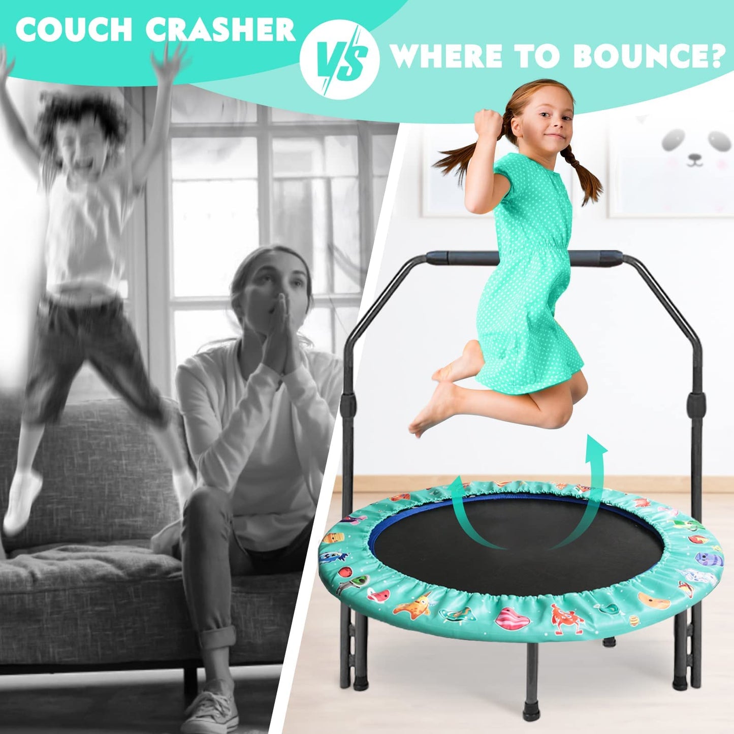 Trampoline for Kids Indoor Outdoor 91cm Small Mini Kids Trampoline Foldable without net Home Square Ground Trampoline for Indoors from 2 3 4 years Kids Green