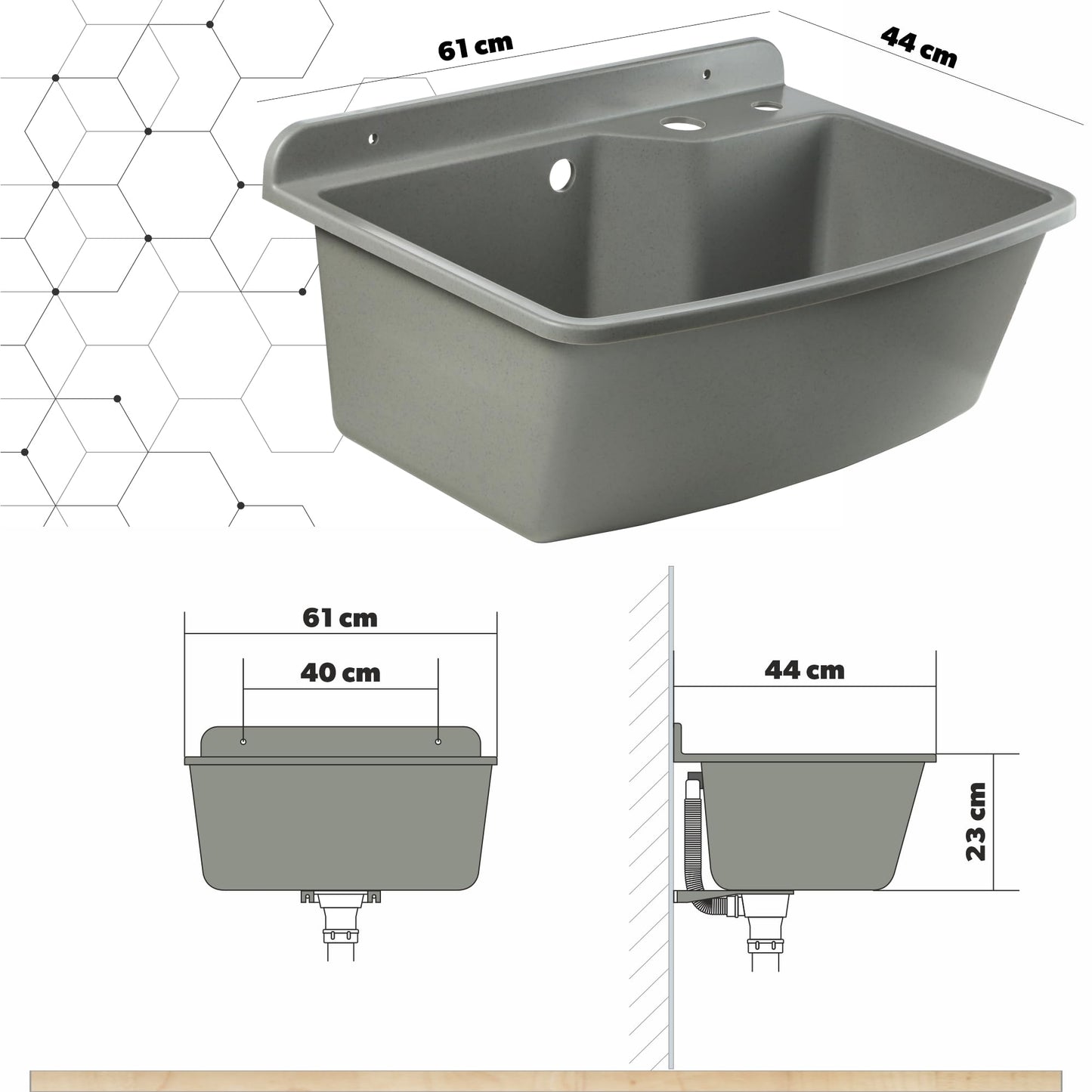 GOSPO drain basin with extendable faucet, sink 61 x 44 x 23.5 cm, washbasin with soap dispenser, siphon, sink including accessories, washroom, industrial washbasin (gray)