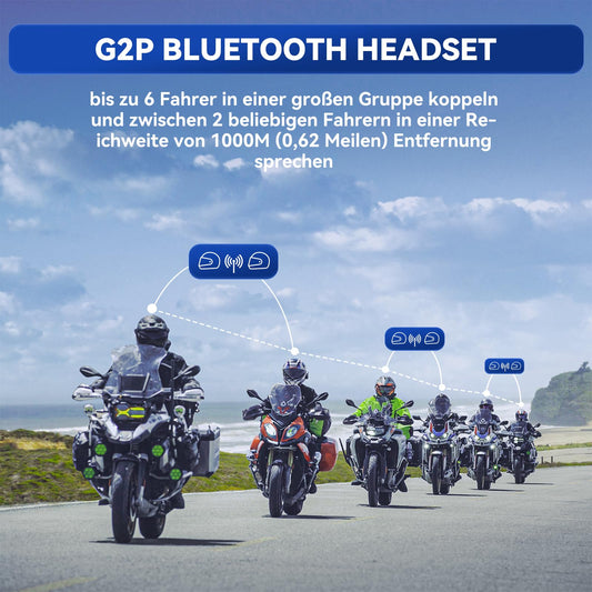 LEXIN G2P Motorcycle Bluetooth Headset, Helmet Communication System for 2 up to 6 people within 1000m range, IP67 Waterproof Hands-Free calling with FM Radio, Single Pack.