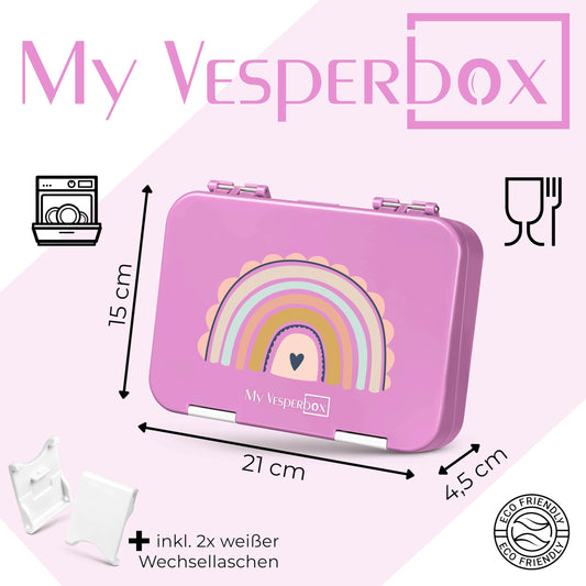 My Vesperbox - Len - Bento Box Kids - Lunchbox with 4+2 compartments - extremely sturdy - sandwich box - ideal for kindergarten and school... (Pink - Rainbow)