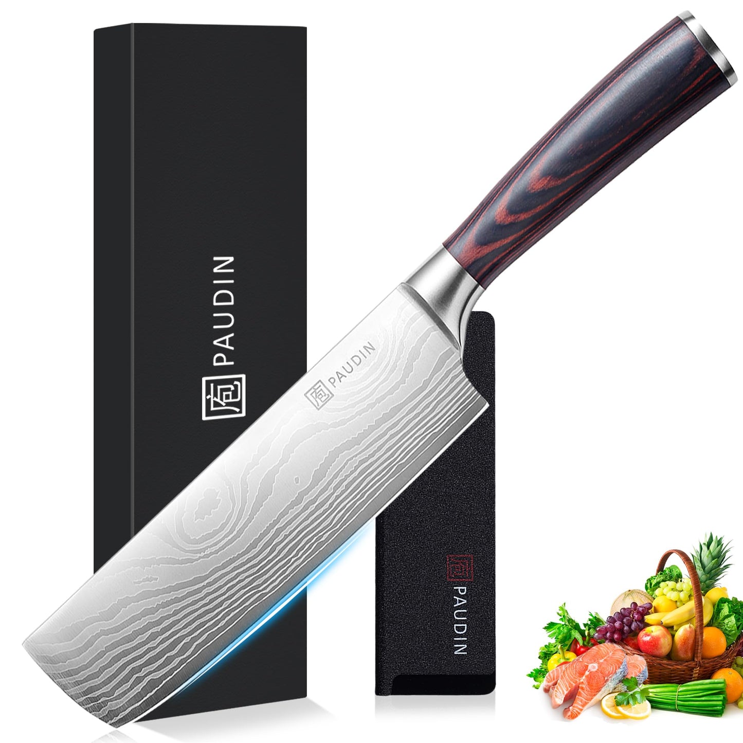 PAUDIN Japanese knife, blade length 17 cm Nariki knife chopper kitchen knife made of high-quality stainless steel, Asian multipurpose kitchen knife for home and kitchen with ergonomic handle.