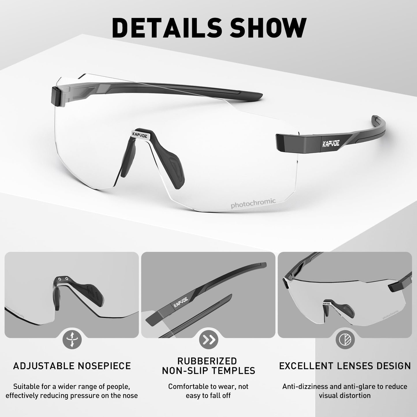 KAPVOE photochromatic self-tinting cycling glasses for men and women. Clear road bike glasses, MTB sports glasses. UV400 protection, frameless transparent lenses for outdoor sports. K341.