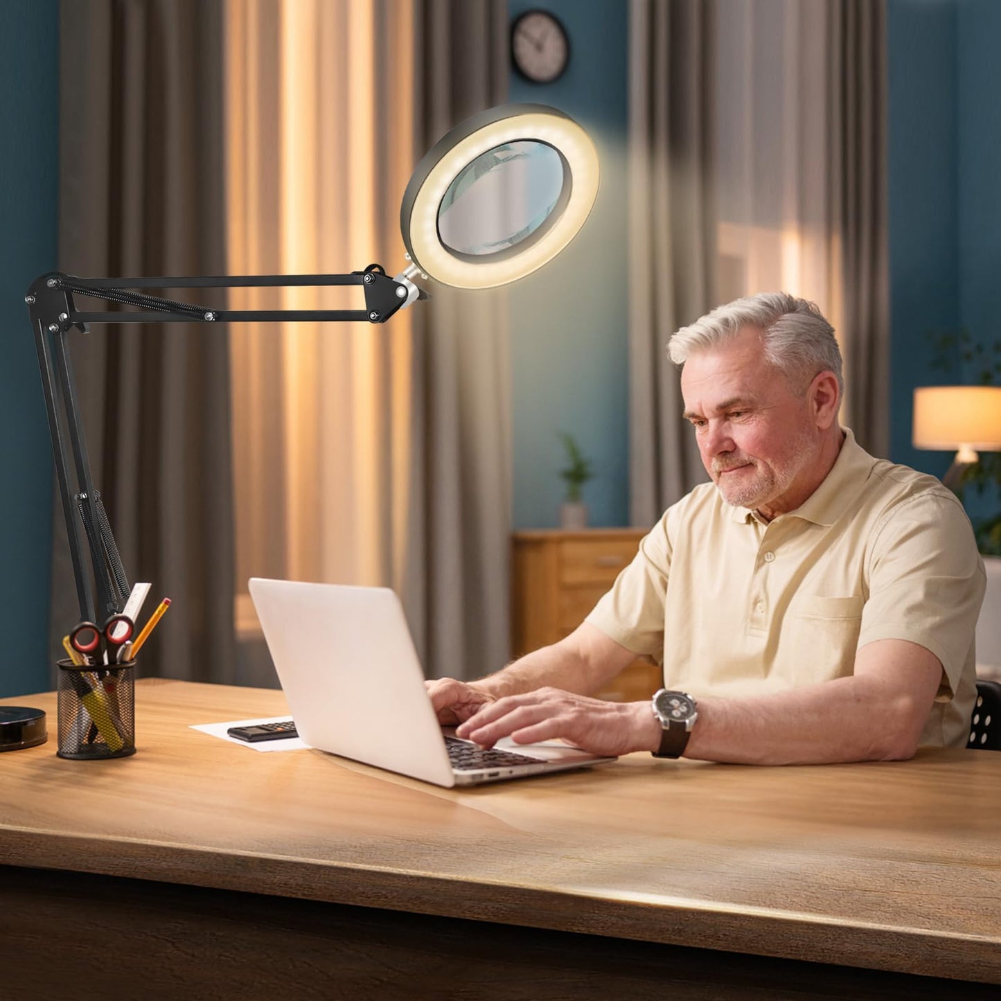 NEWACALOX Desk LED Magnifying Lamp, dimmable Super Bright Adjustable Desk Lamp with 5X Magnifying Glass, 3-color illuminated Magnifier with Daylight and Adjustable Swing Arm.