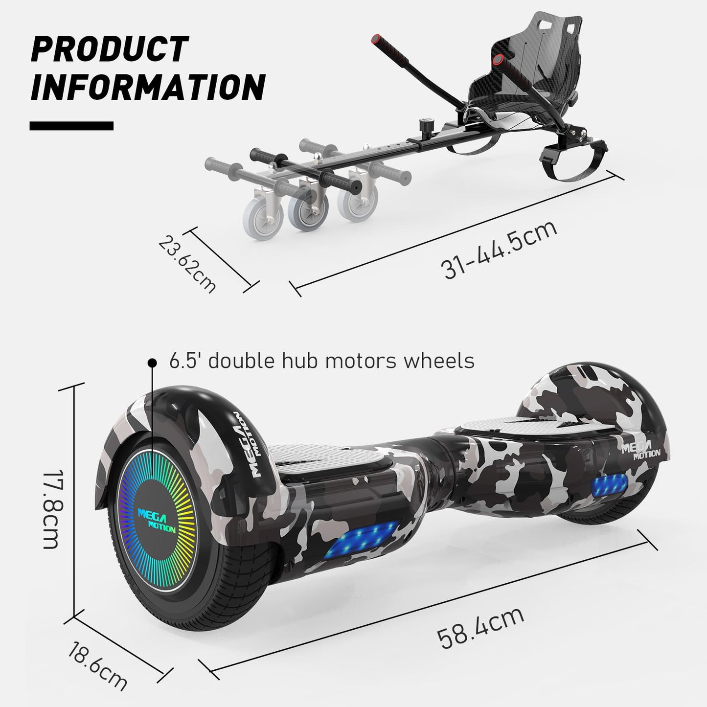 MEGA MOTION hoverboards with hoverkart for kids, 6.5 inch hoverboards with Bluetooth speaker, LED lights, gift for kids and teens.
