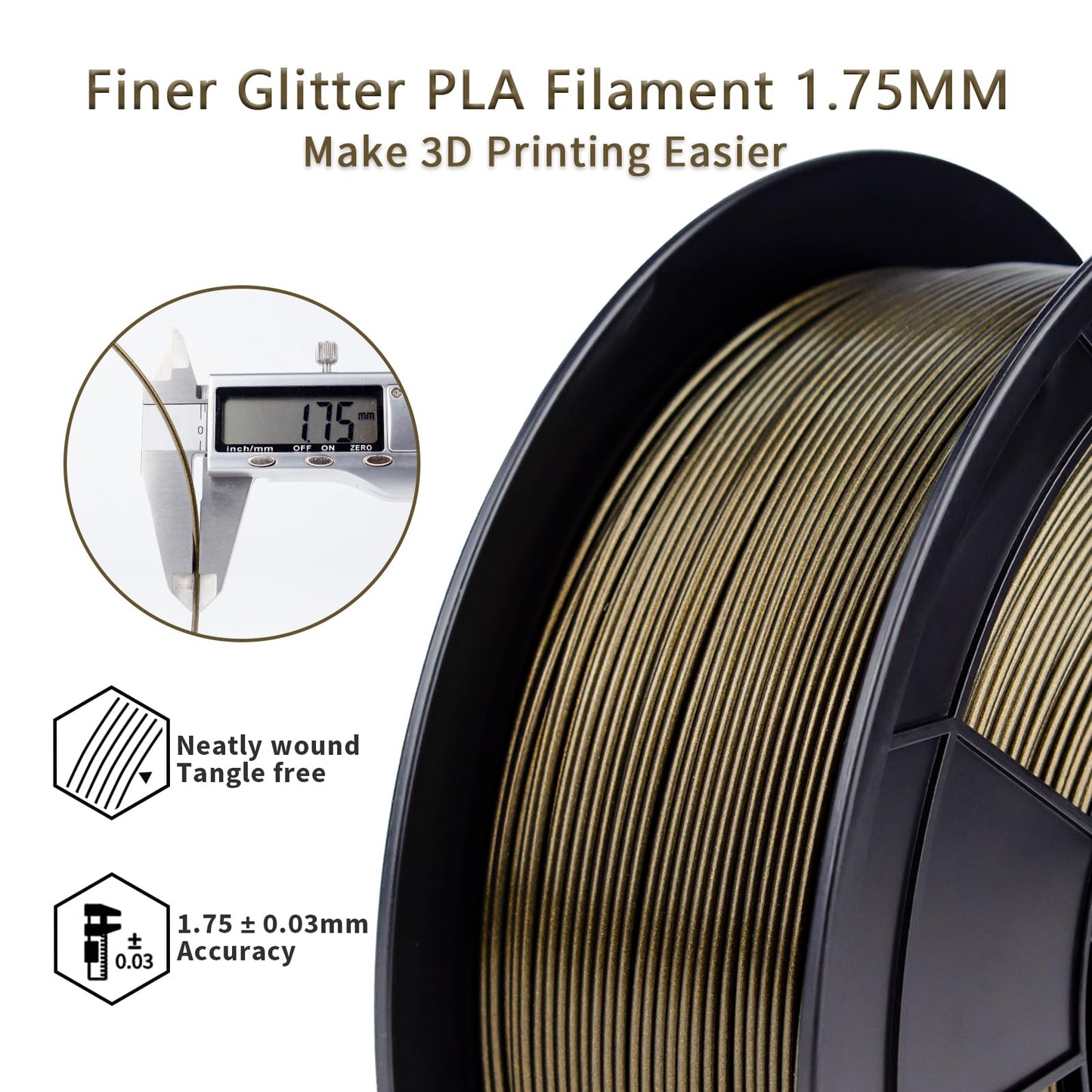 ZIRO 3D Printer Filament Mystical Series 1.75mm PLA Filament, shiny sparkling PLA with finer glitter, 1kg/2.2lbs spool, compatible with most FDM FFF 3D printers, Midnight Gold