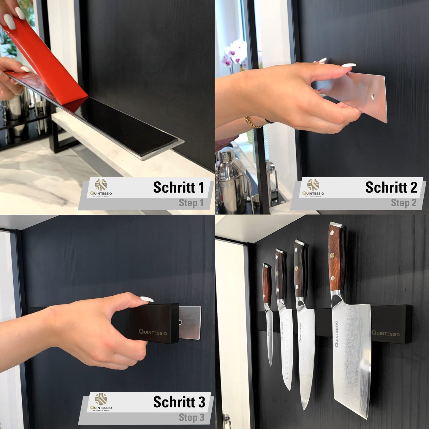 QUINTESSIO - Magnetic Knife Strip Stainless Steel - Self-adhesive or drillable knife holder - 40 cm magnetic knife strip - Kitchen knife magnetic holder - Black