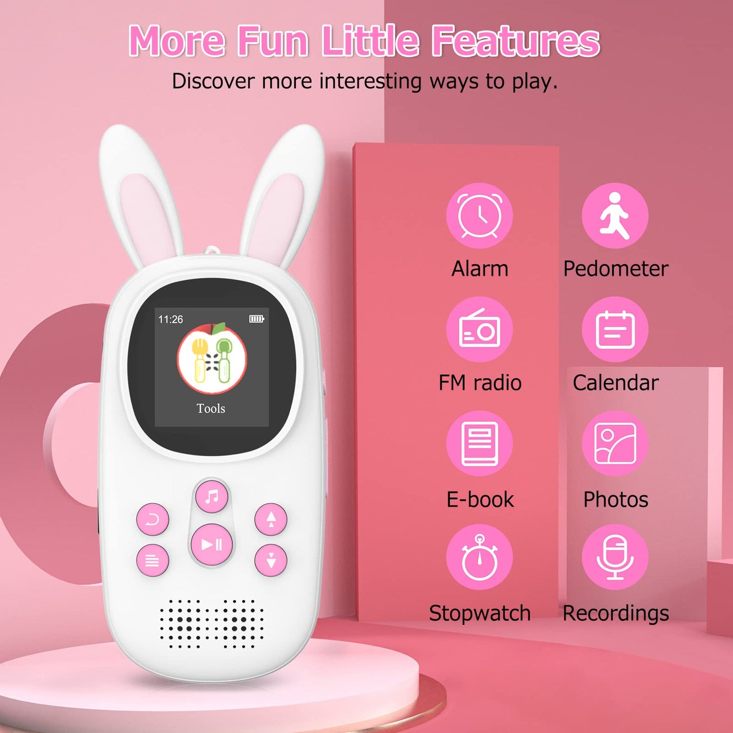 32GB Bluetooth MP3 Player for Kids, Cute Bunny Children's Music MP3 Player with Headphones & Speaker, MP3 Player with FM Radio, Recording, Alarm, Pedometer, Stopwatch, Supports up to 128GB.