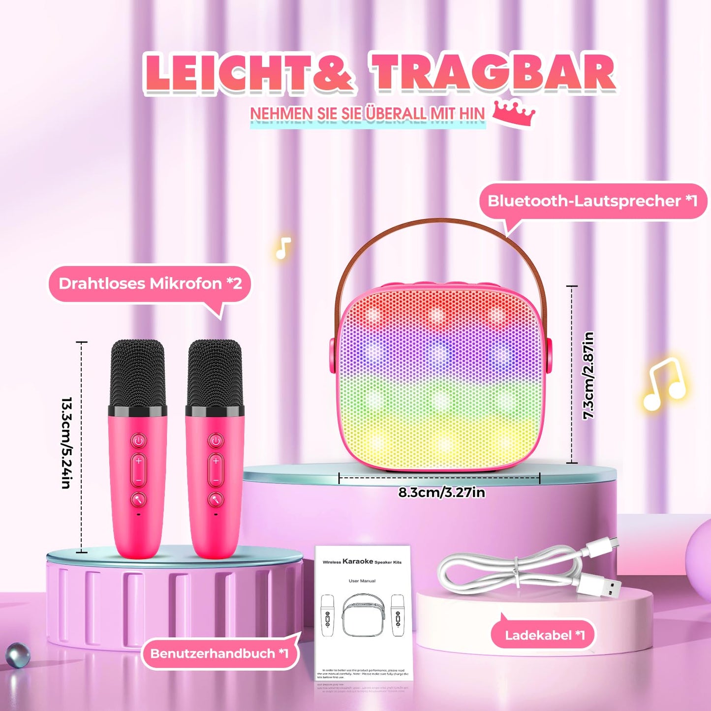 Dislocati Portable Karaoke Machine with 2 Bluetooth microphones, kids gifts toy for 3-12 years Mini Karaoke microphone set with DSP & LED lights Ideal for family gatherings, parties & outdoor.