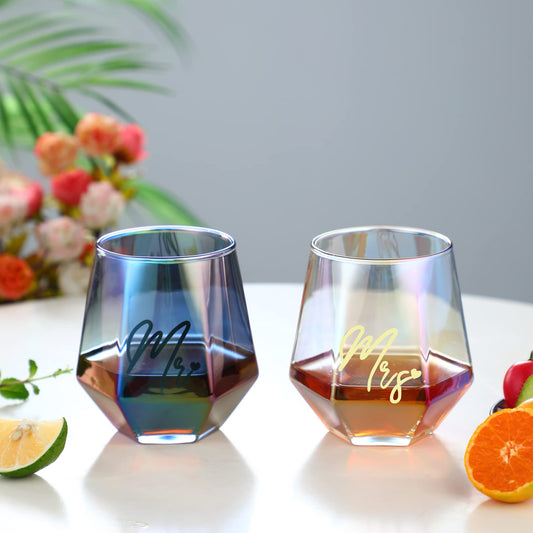 Iridescent Mr and Mrs wine glasses gifts, wedding gifts, engagement gifts for couples, bridal shower gift, anniversary gift for his and hers, gifts for bride and groom.