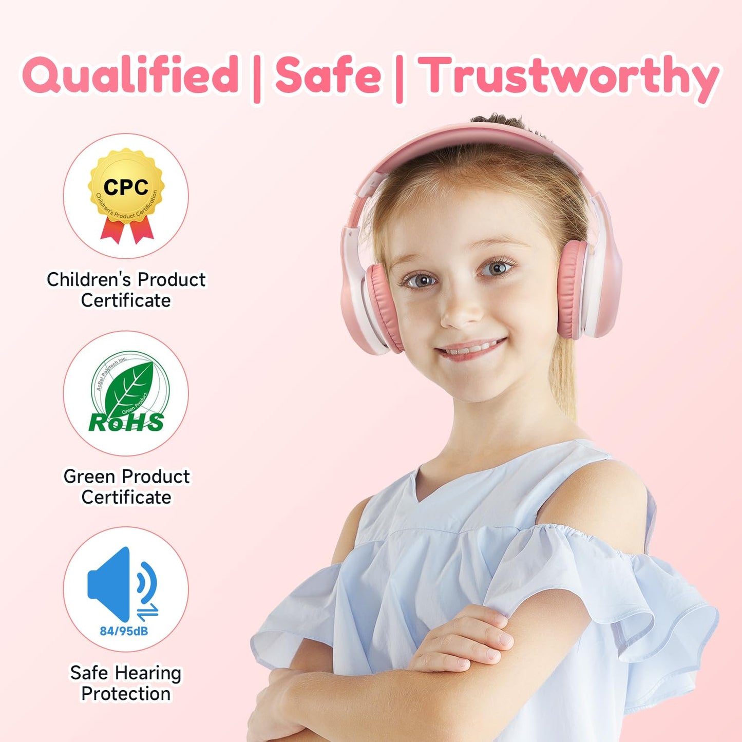 EarFun Bluetooth headphones for kids, 85/94dB volume control, HiFi sound, HD microphone, 40 hrs battery, foldable, adjustable, wireless Bluetooth headphones for school/travel, Pink