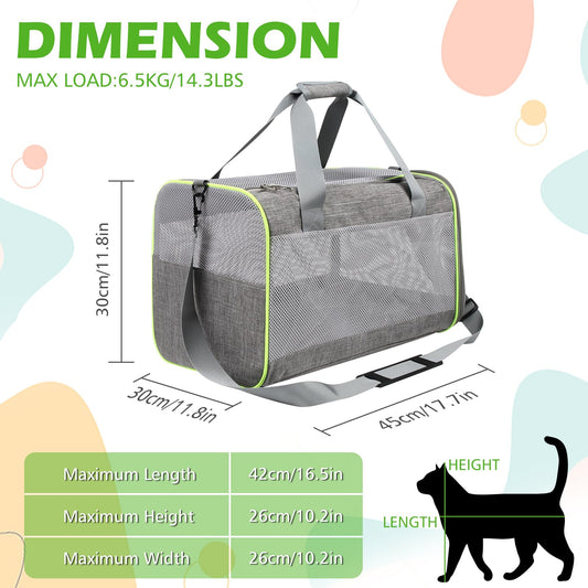 Lannvan pet carrier for cats and dogs up to 6.5kg. Breathable and foldable, with removable plush pad. Ideal for camping, traveling, or visiting the vet. Dimensions: 45x30x30cm, in grey color.