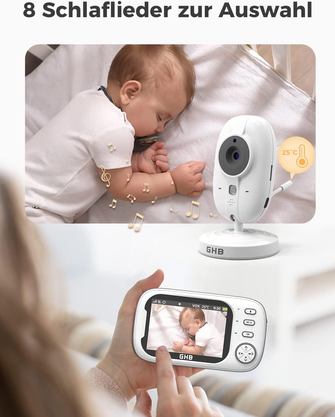 GHB Baby Monitor with Camera 3.5 Inch Video Baby Monitor with VOX Mode Night Vision Two-Way Talk Lullabies.