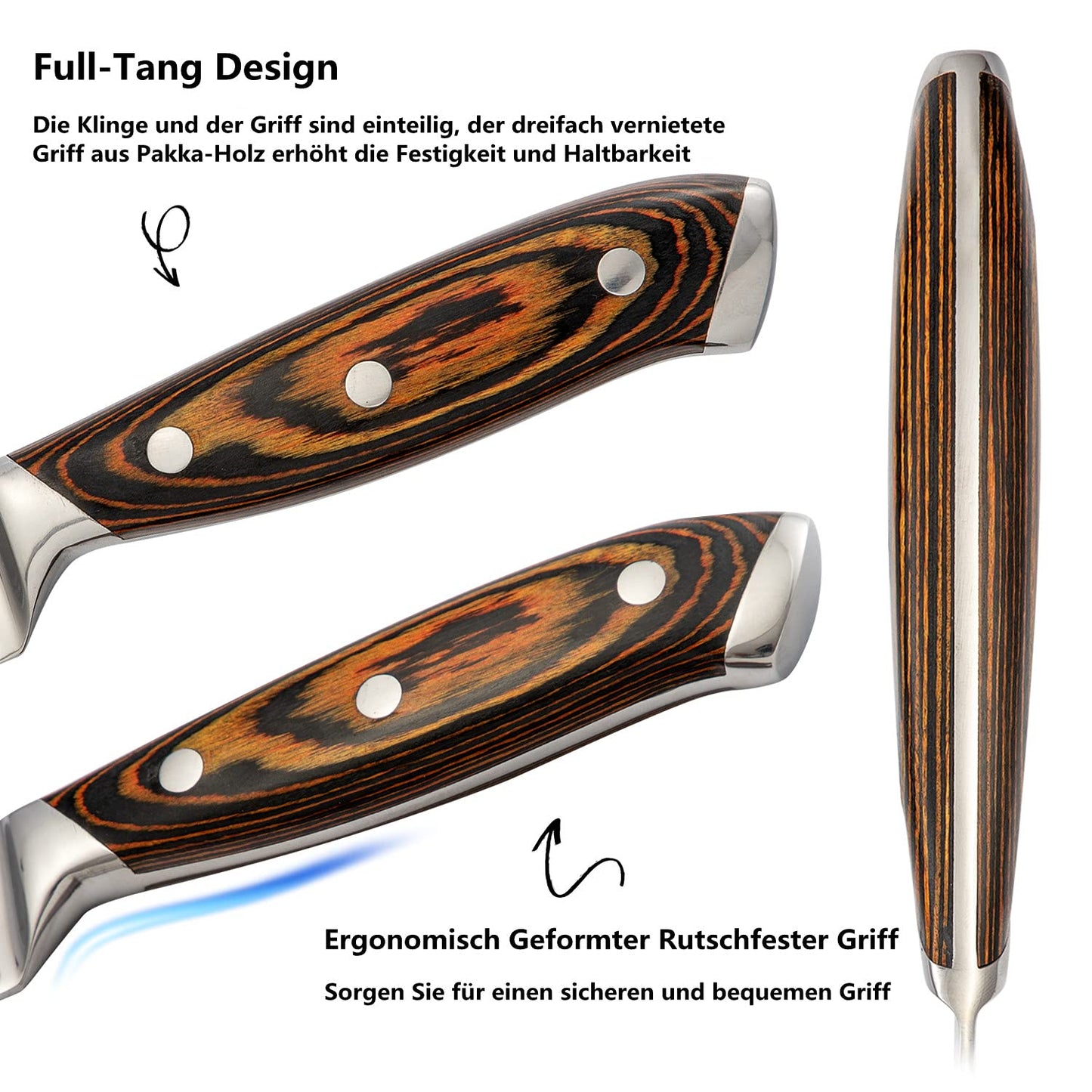 HOBO knife set, 15-piece knife block set, kitchen knife set with Santoku knife, chef's knife, bread knife, paring knife, steak knife, sharpener, Japanese stainless steel blades, water ripple texture, colored wooden handle.