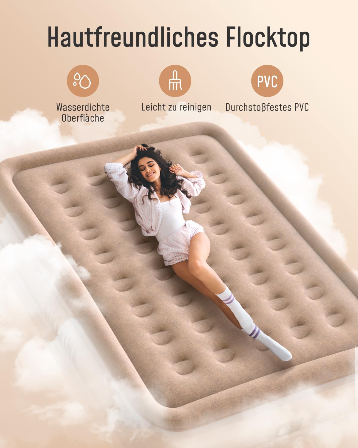Airefina self-inflating air mattress with integrated pump, premium guest bed, fast inflation in 3 minutes, inflatable mattress for camping home use - 203 x 152 x 40 cm.