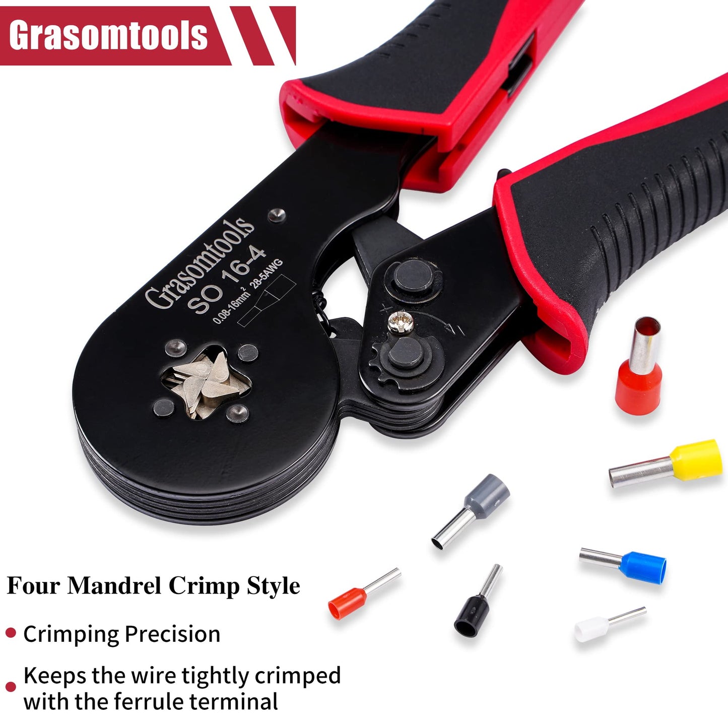 Wire end sleeves crimping pliers, 0.08-16mm²/AWG 28-5 crimping tools, wire crimping pliers, self-locking ratchet crimping pliers, 16mm² bootlace wire end sleeves crimping pliers.