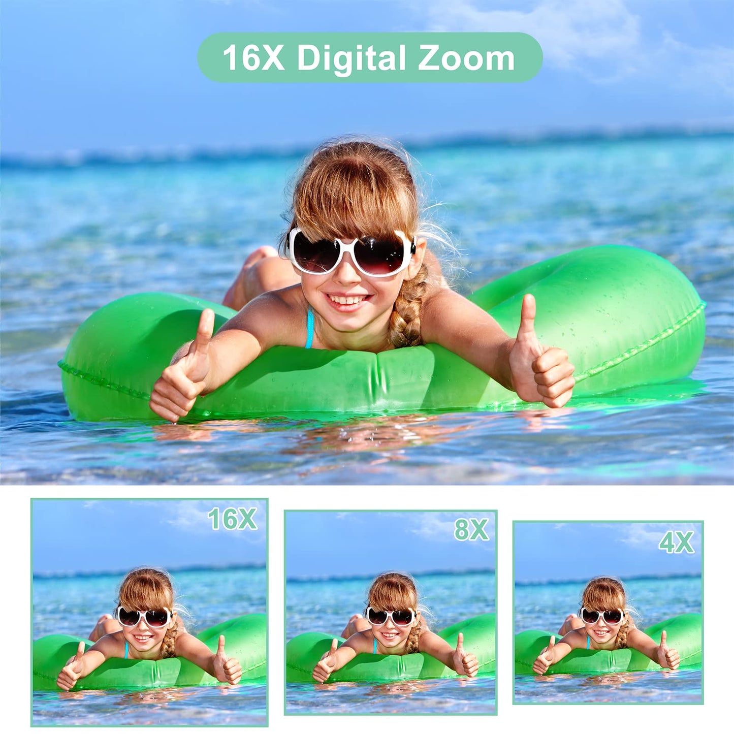 Digital camera 44MP 1080P HD photo camera with 32GB card, compact camera 16X digital zoom with 2 rechargeable batteries, camera for kids, teenagers, beginners, boys, girls (green)