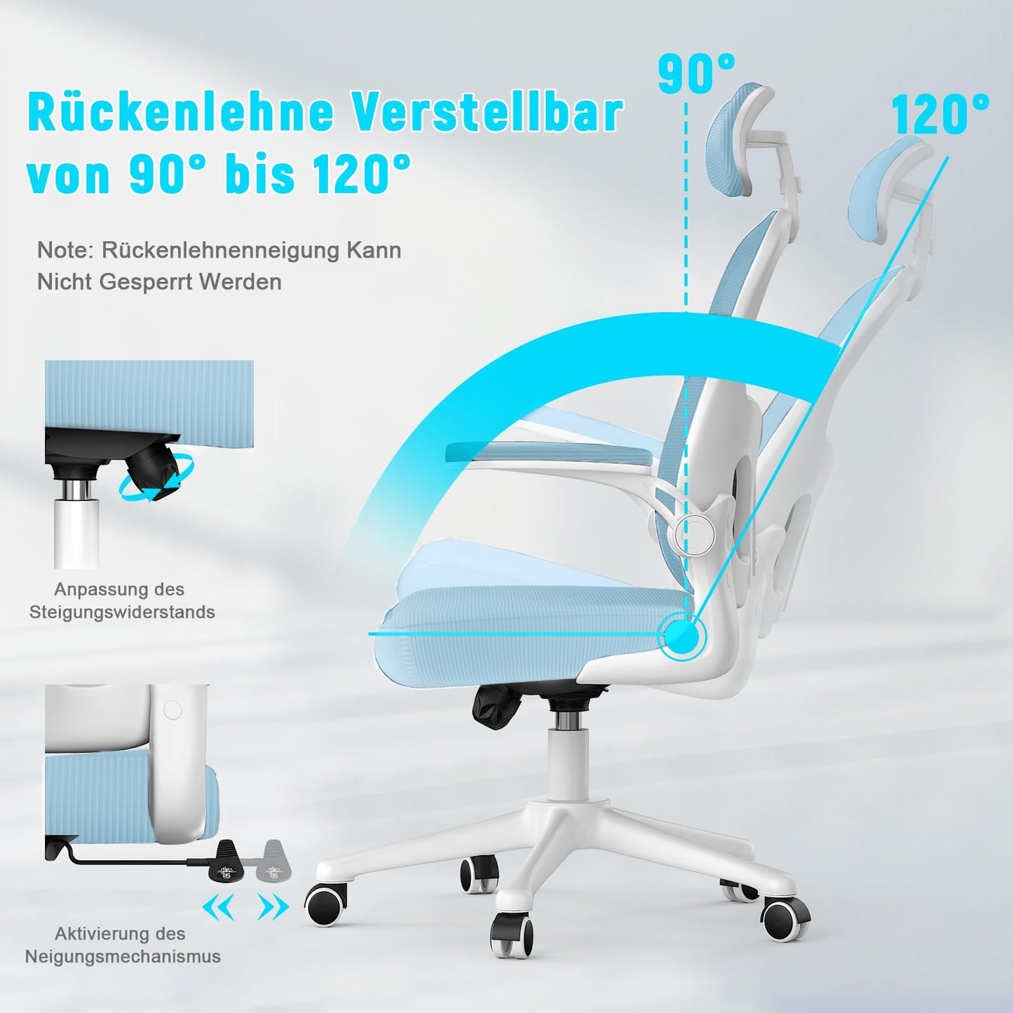 Naspaluro Ergonomic Office Chair with Breathable Mesh Backrest, Desk Chair with Adjustable Armrests, Headrest, Lumbar Support, Backrest, Height Adjustment, 360° Swivel Chair, Blue