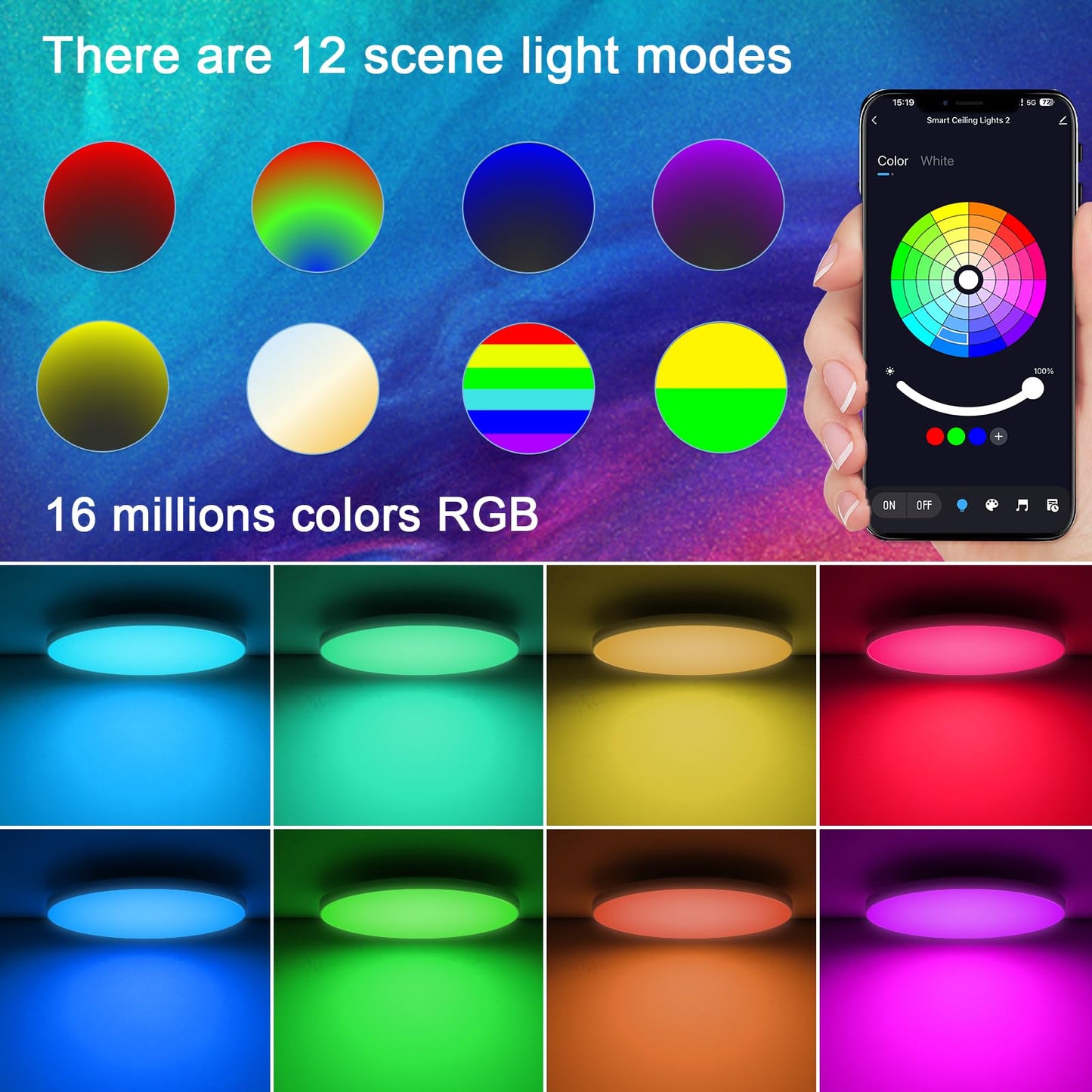 OPPEARL LED Ceiling Light Dimmable with Remote Control, 24W 16 Million RGB Color Changing Smart LED Ceiling Light Controllable via App, 2400LM Ceiling Lighting Ø30CM Lamp for Living Room Bedroom, White