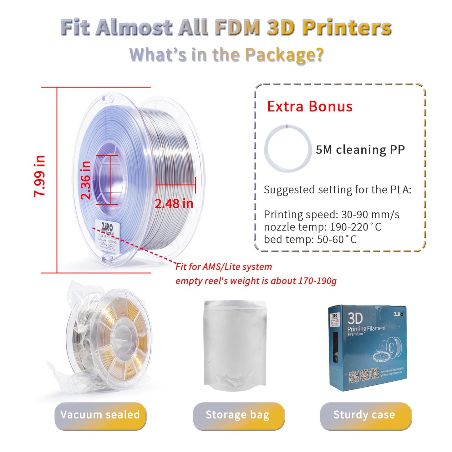 ZIRO PLA Filament Dual Color Coextrusion Silk 3D Printer Filament 1.75mm for 3D Printers & 3D Pens, Multicolor PLA Rainbow Filament, 1kg (2.2lbs), Gold & Silver Color