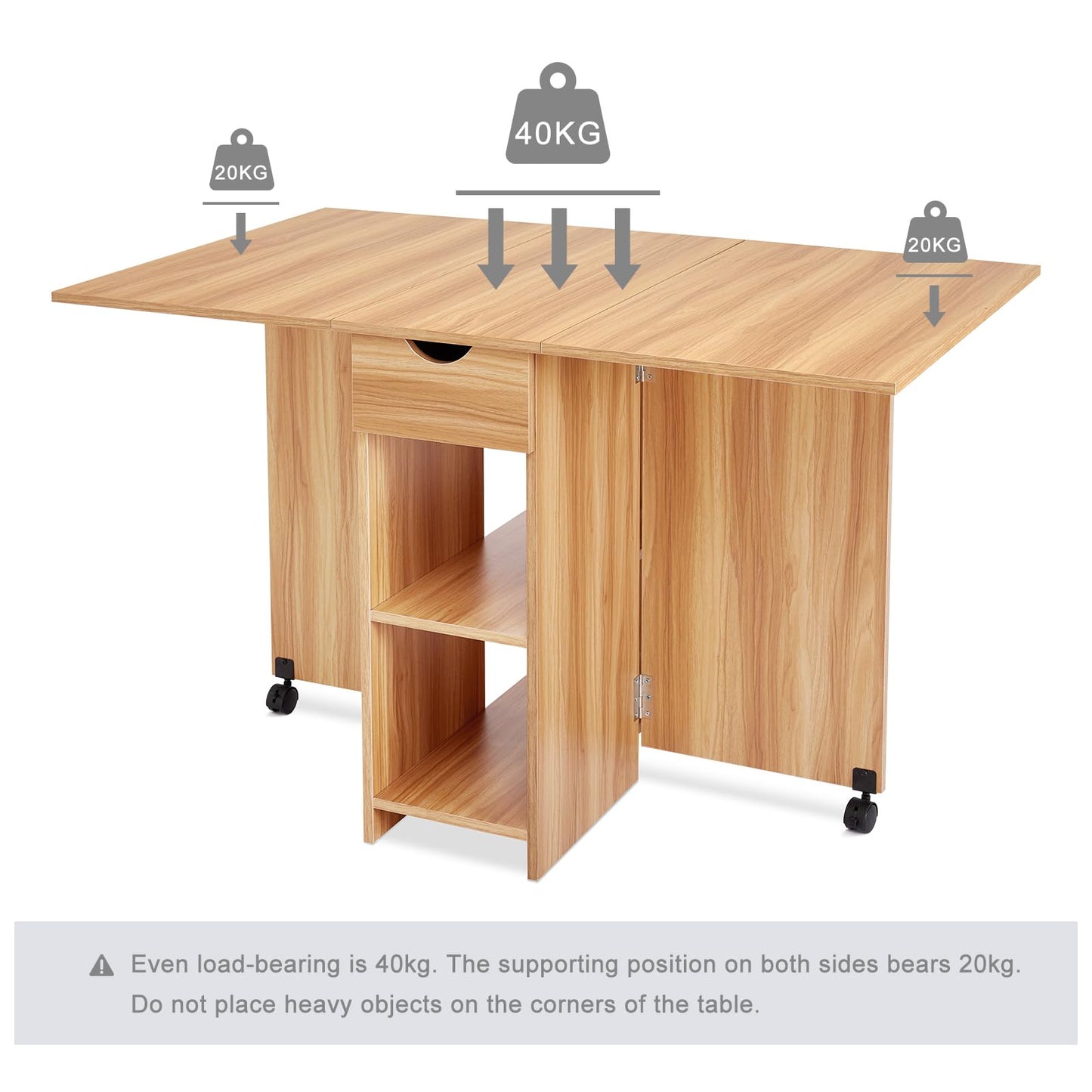 Mondeer Mobile Folding Table, Foldable Dining Table Suitable for Small Spaces with 1 drawer and 2 shelves for dining room and kitchen, 72 x 120 x 75 cm, Red Oak