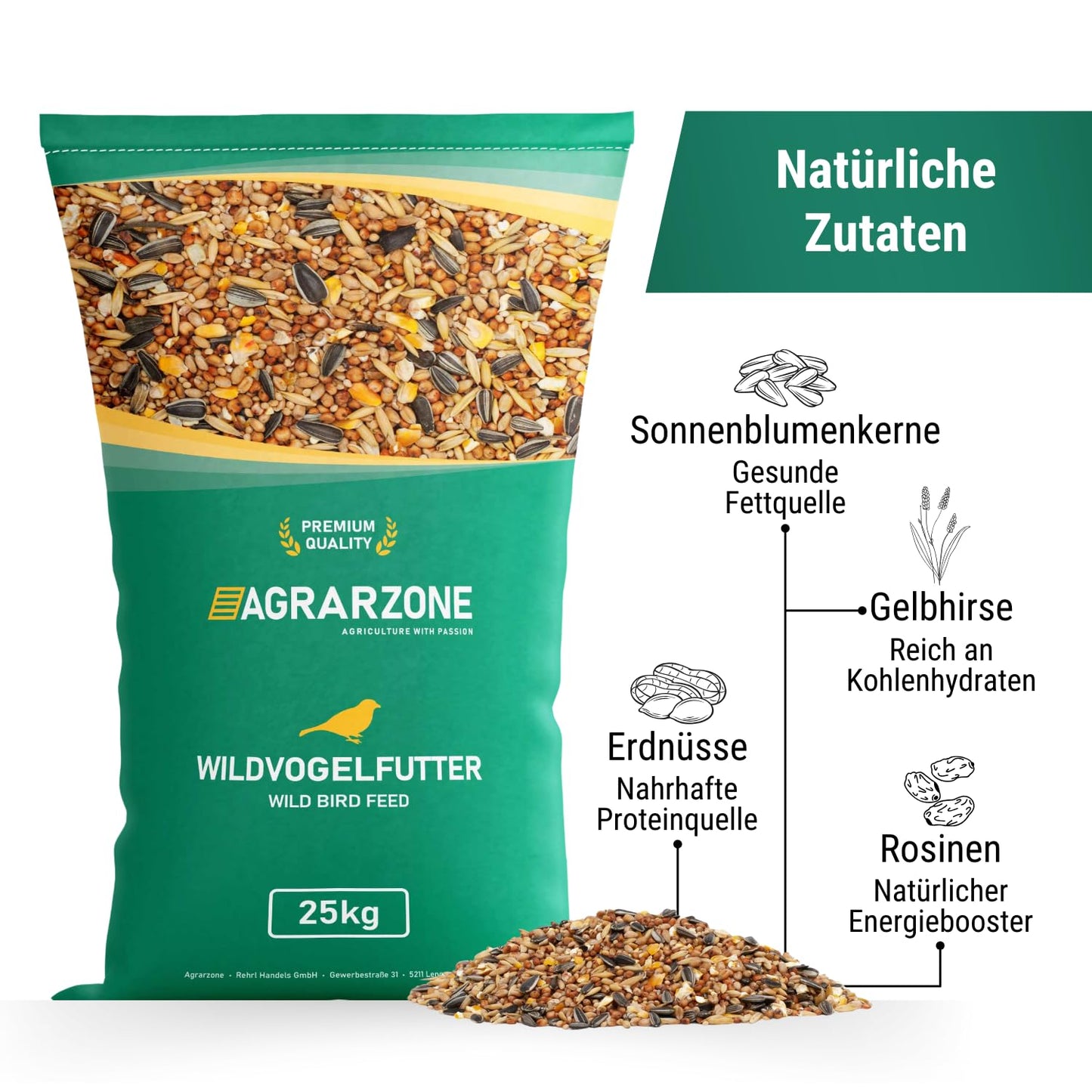 Agricultural area bird feed wild birds all year round 20kg - Wild bird feed 20kg with high-quality grain mix for all birds - Fat feed with sunflower seeds - Dust-free & without additives.
